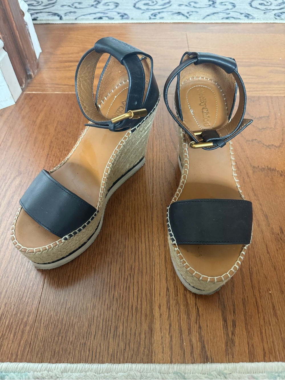 See by Chloe Black Leather Espadrille Wedge Sandals with Ankle Strap Sz 37 or 7